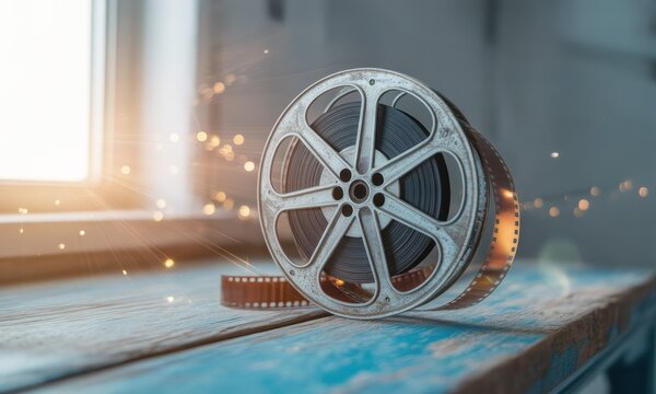 Vintage film reel on a weathered wooden surface, bathed in sunlight - Powered by Adobe