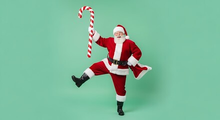 Full length body size old man Santa Claus in a Christmas hat and suit dancing with a big candy cane, isolated on a green background.