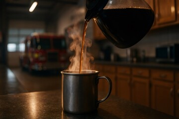 Firefighter preparing a warm drink, steam rising from mug, blurred fire truck in background. Morning break and duty