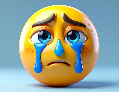 A 3D render of a sad yellow emoji with big blue tear drops, dark eyebrows, and a slight pout