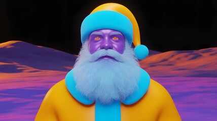 Vibrant Neon Santa Claus, Psychedelic Xmas Color, Cool Abstract and Modern Holiday Art, Fun Purple Face, Blue Beard, Yellow Suit and Hat – Surreal Festive Design, Generative AI Art, 3D Render, Trippy