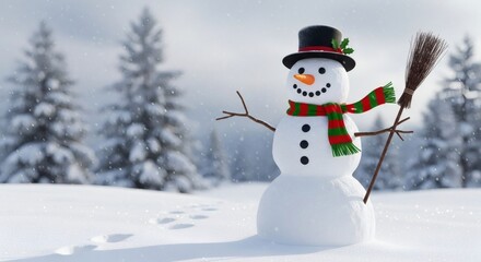 Fototapeta premium Snowy Day Delight: A jovial snowman, adorned with a top hat, a cheerful scarf, and a twig broom, stands proudly against a snow-covered landscape. capture winter charm.