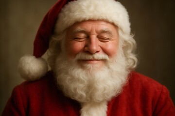 Santa Claus portrait with closed eyes, showing a peaceful smile. White beard and red hat bringing joy and holiday spirit
