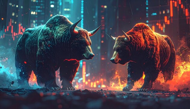 Two opposing bull and bear symbols in a vibrant city at night