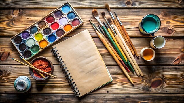 Artistic still life with watercolor paints brushes and sketchbook on a rustic wooden surface