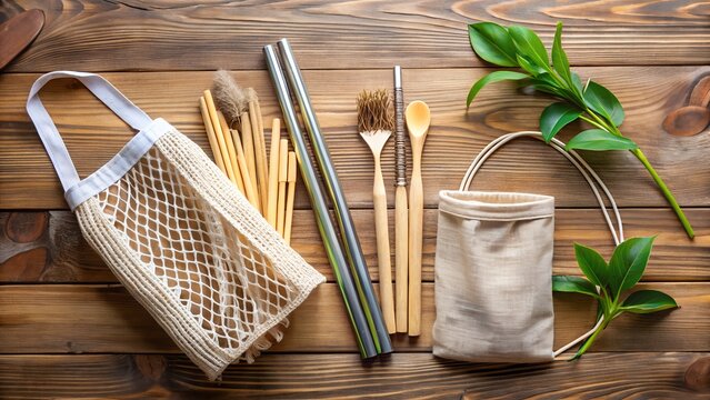 Eco friendly reusable shopping bag and bamboo utensils on a rustic wooden table for sustainable living