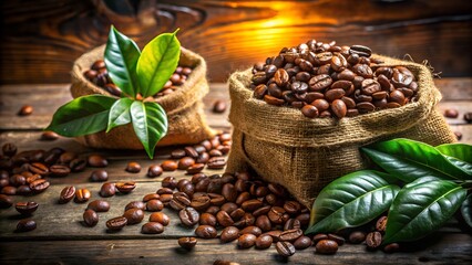 Obraz premium Aromatic coffee beans overflowing from burlap sacks with fresh green coffee leaves on rustic wood