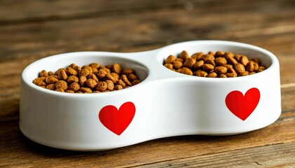 Pet food bowl with two compartments filled with dry kibble, featuring red heart designs, placed on a rustic wooden surface, symbolizing love for pets and care