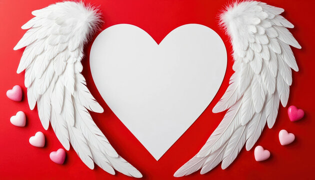 White angel wings surround a large heart-shaped blank space on a vibrant red background, decorated with small pink hearts, creating a romantic and festive atmosphere for celebrations - Powered by Adobe