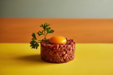 Delicious beef tartare dish topped with raw egg and fresh parsley