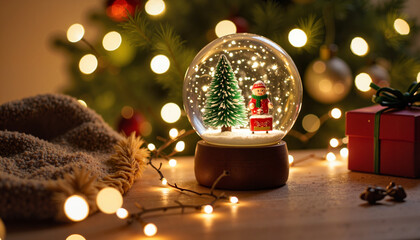 Magical snow globe with Christmas scene on decorated shelf, holiday cheer