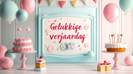 birthday photo frame with text "Gelukkige verjaardag", happy birthday in Dutch. template with balloons and cake. Beautiful template design birtday card, birthday invitation, greeting card.