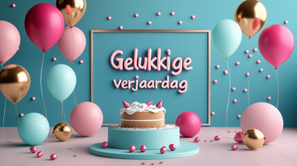 birthday photo frame with text "Gelukkige verjaardag", happy birthday in Dutch. template with balloons and cake. Beautiful template design birtday card, birthday invitation, greeting card.