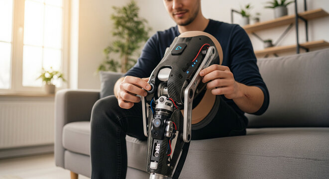 Young Man Amputee Adjusting Modern Robotic Knee Prosthesis While Sitting on Sofa - Powered by Adobe