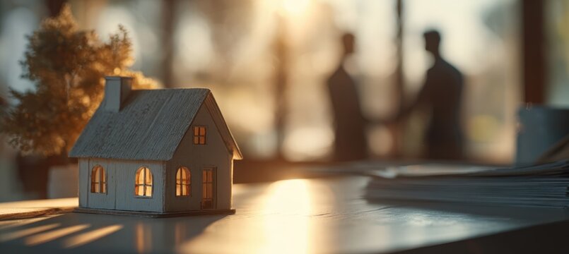 Real Estate Negotiation Scene with House Model and Sunlit Background - Powered by Adobe