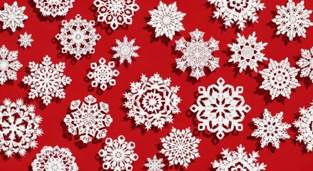 Snowflake Symphony: A collection of intricately crafted snowflakes, each a unique masterpiece of frosty artistry, elegantly arranged against a rich red backdrop.