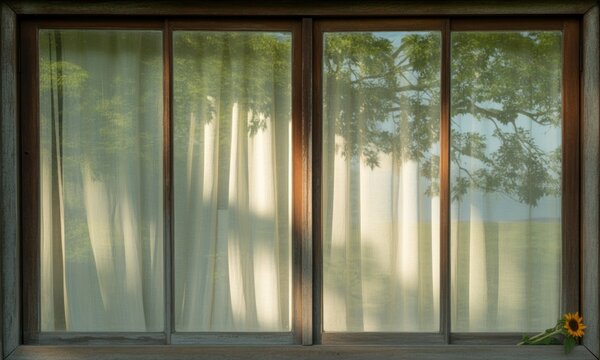Window reflecting trees and a sunflower
