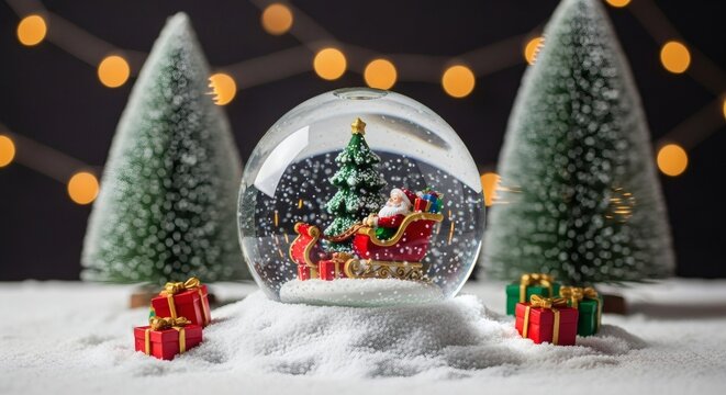 Holiday Scene: A captivating snow globe, depicting Santa's sleigh ride, rests amidst a festive holiday display with miniature Christmas trees and beautifully wrapped presents. - Powered by Adobe