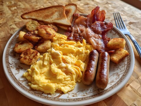 American Breakfast Plate Scrambled eggs, bacon, sausage links, hash browns, and toast