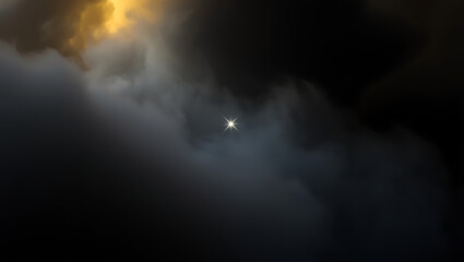 A dramatic celestial panorama unfolds as luminous storm clouds swirl majestically across the deep blue night sky, revealing a powerful, mysterious light source