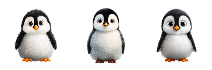 Naklejka premium Set of Baby penguin chick with fluffy feathers on transparent png background. Ai generated
