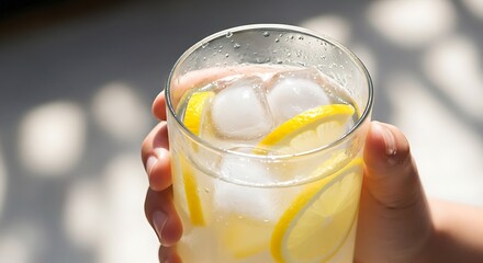 Refreshing cold lemonade with ice and lemon slices held up in sunlight
