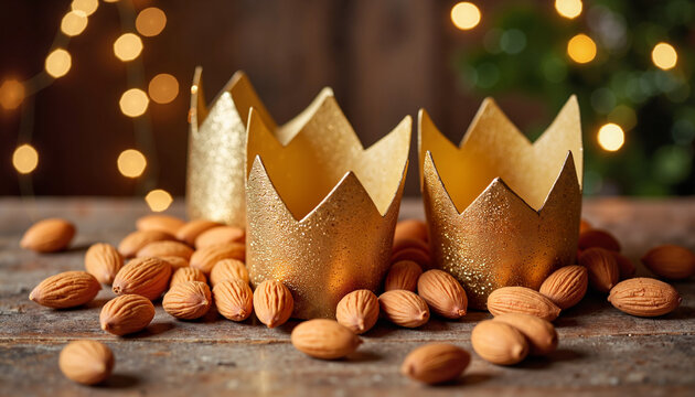 Golden crowns and almonds in festive setting, Día de los Reyes