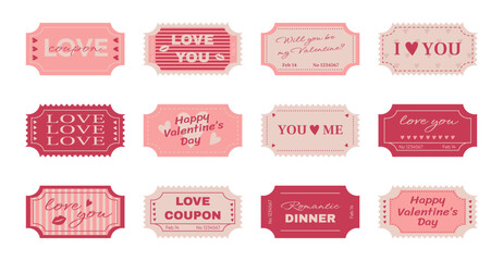 Love coupons and tickets with romantic pink design. Flat vector graphic elements and lettering for Valentine's Day.