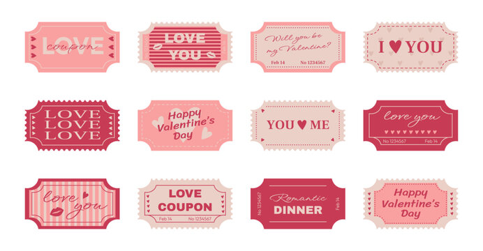 Love coupons and tickets with romantic pink design. Flat vector graphic elements and lettering for Valentine's Day.