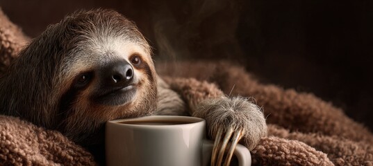 Naklejka premium Adorable Sloth Relaxing with Coffee Mug in Soft Lighting