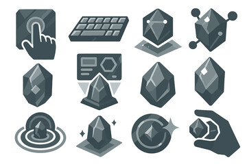 Holographic Crystal Interfaces. Solid style icons of crystal computing interfaces: glowing touch panels, refractive keyboards,