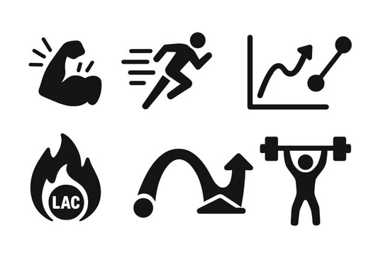 Exercise Stress Icons. Solid style icons of exercise as stressor: muscle under tension icon, sprint wave glyph, adaptive curve