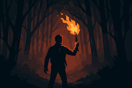 Torch in Dark Forest. Dramatic shot of a person holding a flaming torch in a vector illustration dark forest, illuminated by bold