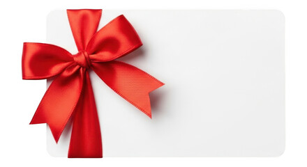 Blank gift card with red ribbon bow isolated on transparent background