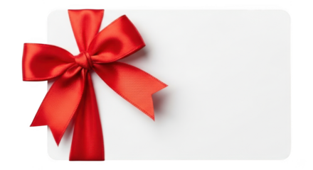 Blank gift card with red ribbon bow isolated on transparent background