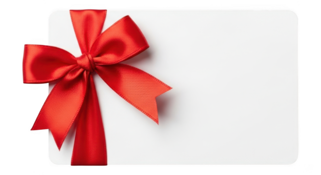 Blank gift card with red ribbon bow isolated on transparent background