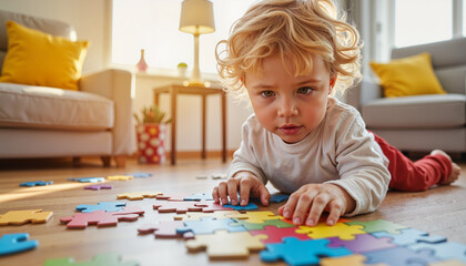 Child experiencing clarity while solving a colorful puzzle in living room, Epiphany
