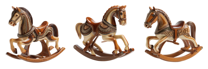 Set of Minimalist wooden rocking horse with classic silhouette, sharp focus, studio setup on transparent png background. Ai generated