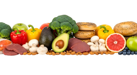 Assortment of fresh food items including fruits vegetables meat and bagels image