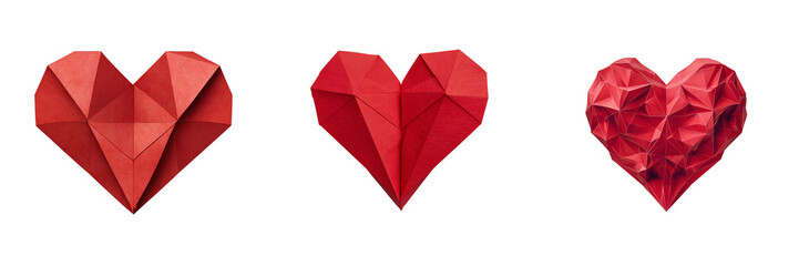 Set of Red paper origami heart leaning slightly forward on a seamless white backdrop, subtle shadow on transparent png background. Ai generated