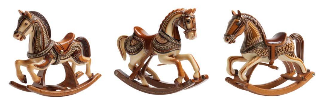 Set of Minimalist wooden rocking horse with classic silhouette, sharp focus, studio setup on transparent png background. Ai generated - Powered by Adobe