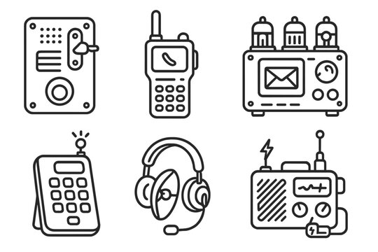 Tech Mod Icons. Line style icons of communication tech mods: modded intercom panel, neon walkie-talkie, tube-based email console,