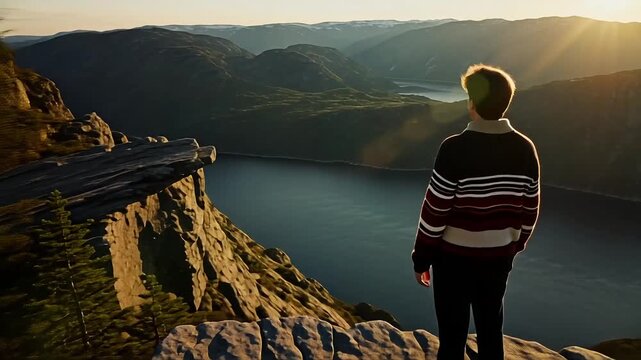 Man standing on cliff edge overlooking scenic landscape mountains and river at sunset adventure travel 100