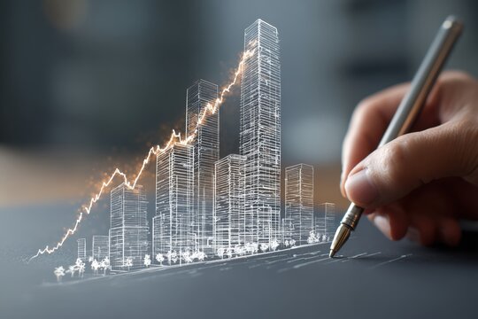 Hand Drawing Glowing Graph Transforming into Skyscrapers, Business Growth Metaphor