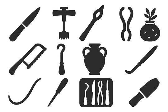 Ancient Surgical Tools Icons. Solid style icons of ancient surgical tools: bronze scalpel, trepanation drill, cautery iron,
