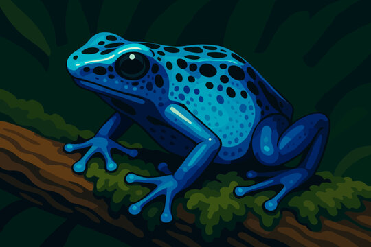 Blue Frog Display. Close-up of vector illustration a vibrant blue poison dart frog resting on a mossy branch, illuminated by soft