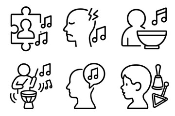 Music Therapy Icons. Line style icons of music therapy with special populations: autism spectrum icon with music, PTSD music