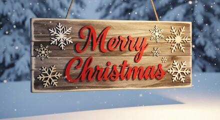 Festive Christmas Sign: A rustic wooden sign adorned with Merry Christmas and snowflakes, suspended against a winter wonderland background, capturing the holiday spirit.