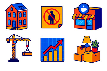 Gentrification Dynamics Icons. Isometric vector illustration set Gentrification Dynamics: renovated townhouse, eviction notice