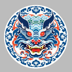 chinese dragon mask in red and blue with glowing eyes and sharp teeth, framed by ornate oriental patterns, flat vector style